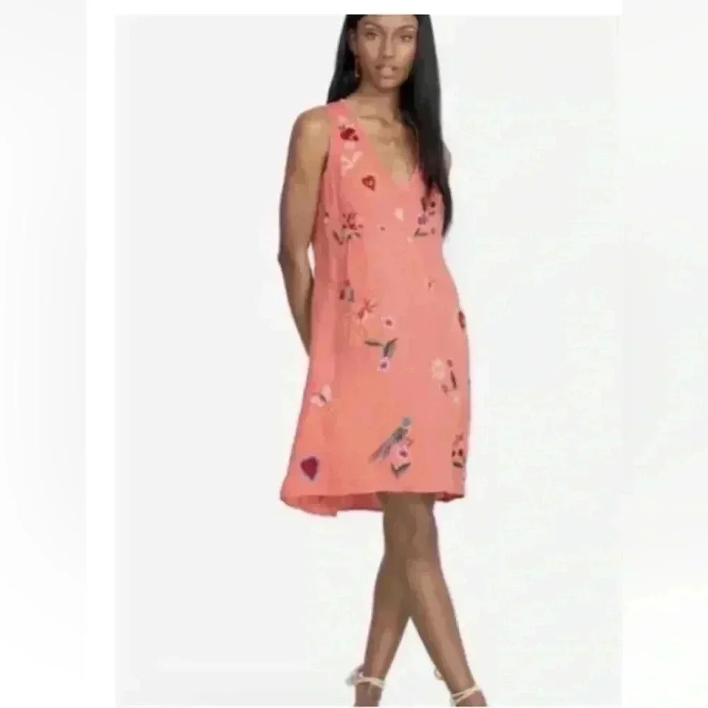 Johnny Was Adara Linen V Neck Coral Embroidered Tank Dress Size XXS/XS